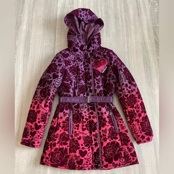 DESIGUAL Youth Designer Purple & Maroon Ombre Jacket Belted Hooded Trench 13/14 - Picture 3 of 15